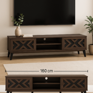Wooden TV Unit – Walnut, TV Cabinet Columbia 160 cm Wooden Media Console with Geometric Black Inlay Doors and Center Shelf – Dark Walnut Finish