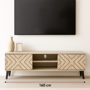 Columbia Wooden TV Table – Beige Finish with Dual Geometric Inlay Doors and Open Shelf, 160 cm