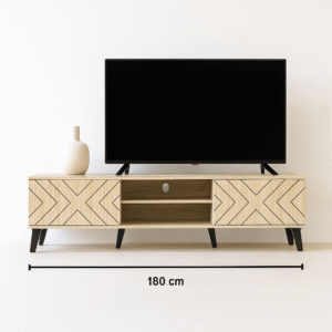 Columbia Wooden TV Table – Beige Finish with Dual Geometric Inlay Doors and Open Shelf, 180 cm