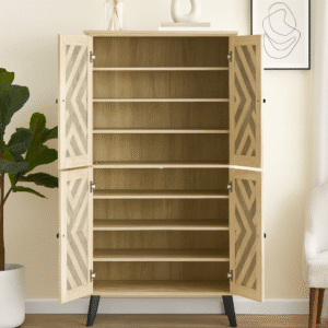 Wooden 4-Door Tall Storage Cabinet – Beige Stone Finish with Geometric Inlay Pattern, Modern Design for Living Room or Office