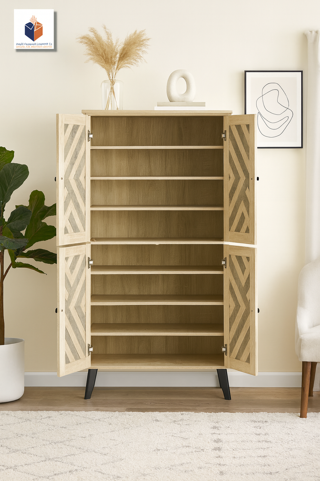 Wooden 4-Door Tall Storage Cabinet – Beige Stone Finish with Geometric Inlay Pattern, Modern Design for Living Room Wooden 4-Door Tall Storage Cabinet – Beige Stone Finish with Geometric Inlay Pattern, Modern Design for Living Room or Office