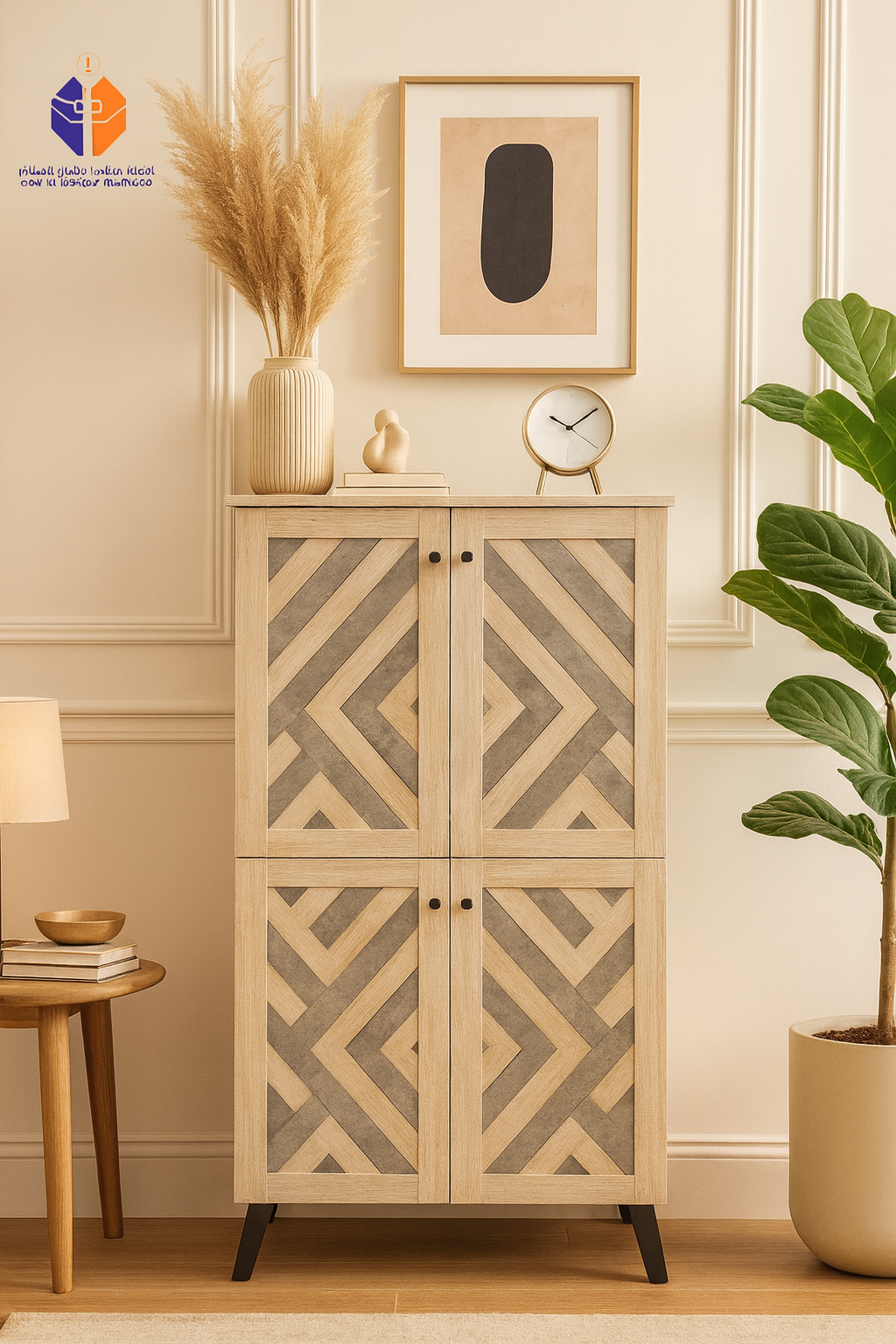 Wooden 4-Door Tall Storage Cabinet – Beige Stone Finish with Geometric Inlay Pattern, Modern Design for Living Room or Office Wooden 4-Door Tall Storage Cabinet – Beige Stone Finish with Geometric Inlay Pattern, Modern Design for Living Room or Office