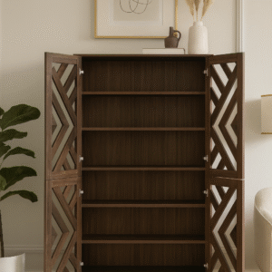 Wooden 4-Door Tall Storage Cabinet – Columbia Dark Brown Finish, Modern Slat Design for Living Room or Office