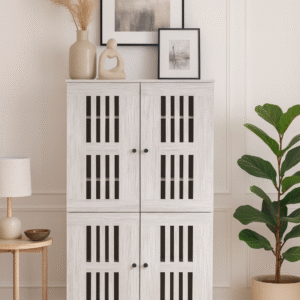 Wooden 4-Door Tall Storage Cabinet – Light Grey Finish, Modern Slat Design for Living Room or Office