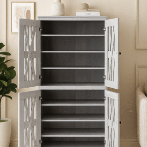 Wooden 4-Door Tall Storage Cabinet – Light Grey Finish, Modern Slat Design for Living Room or Office