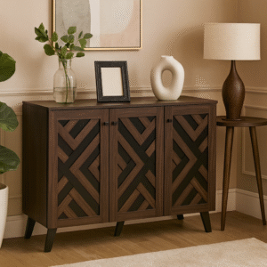 Wooden Cabinet, 3-Door Modern Geometric Inlay, Columbia Dark Walnut Finish – H 91 cm × L 118 cm × W 30 cm | Ayam Al Baraka Trading Co.