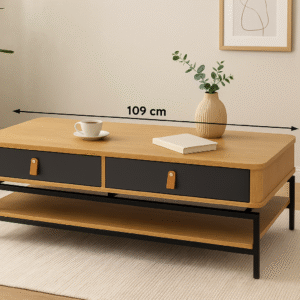 Tea Table Modern Wooden – 2 Storage Drawers with Black Frame (109.22 × 55.88 × 38.10 cm)
