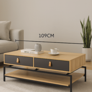 Tea Table Modern Wooden – 2 Storage Drawers with Black Frame (109.22 × 55.88 × 38.10 cm)