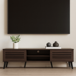 TV Cabinet Columbia 160 cm Wooden Media Console with Slatted Doors and Open Shelf – Dark Walnut Finish