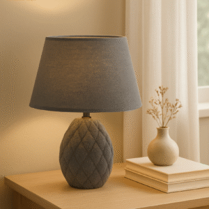 Bedside Table Lamp with Grey Fabric Shade & Modern Design